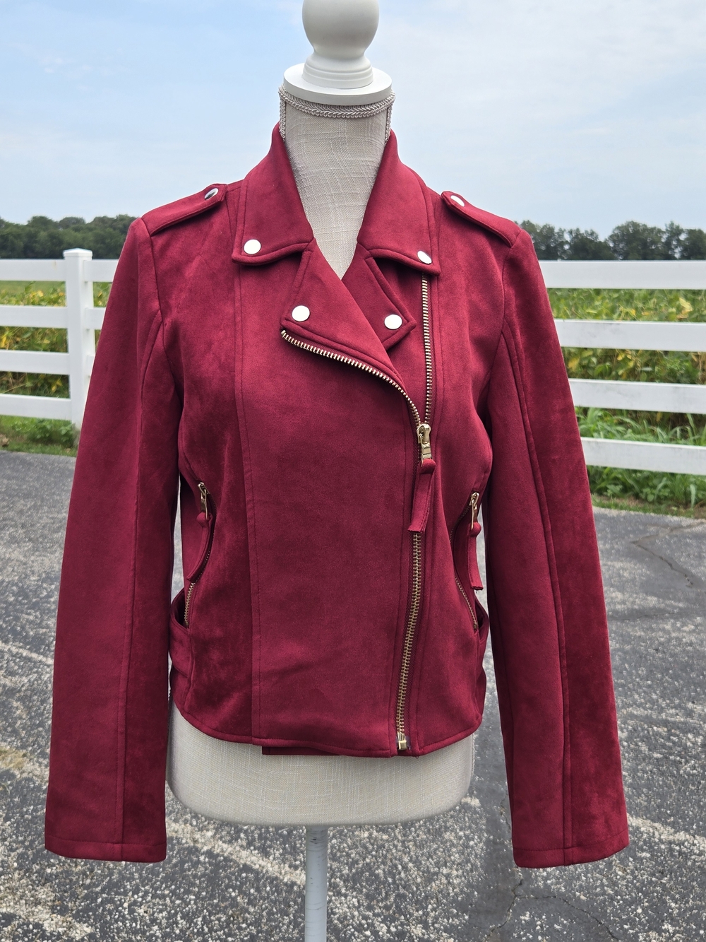 Peach Love California Wine Red Suede Feel Moto Jacket Sz M